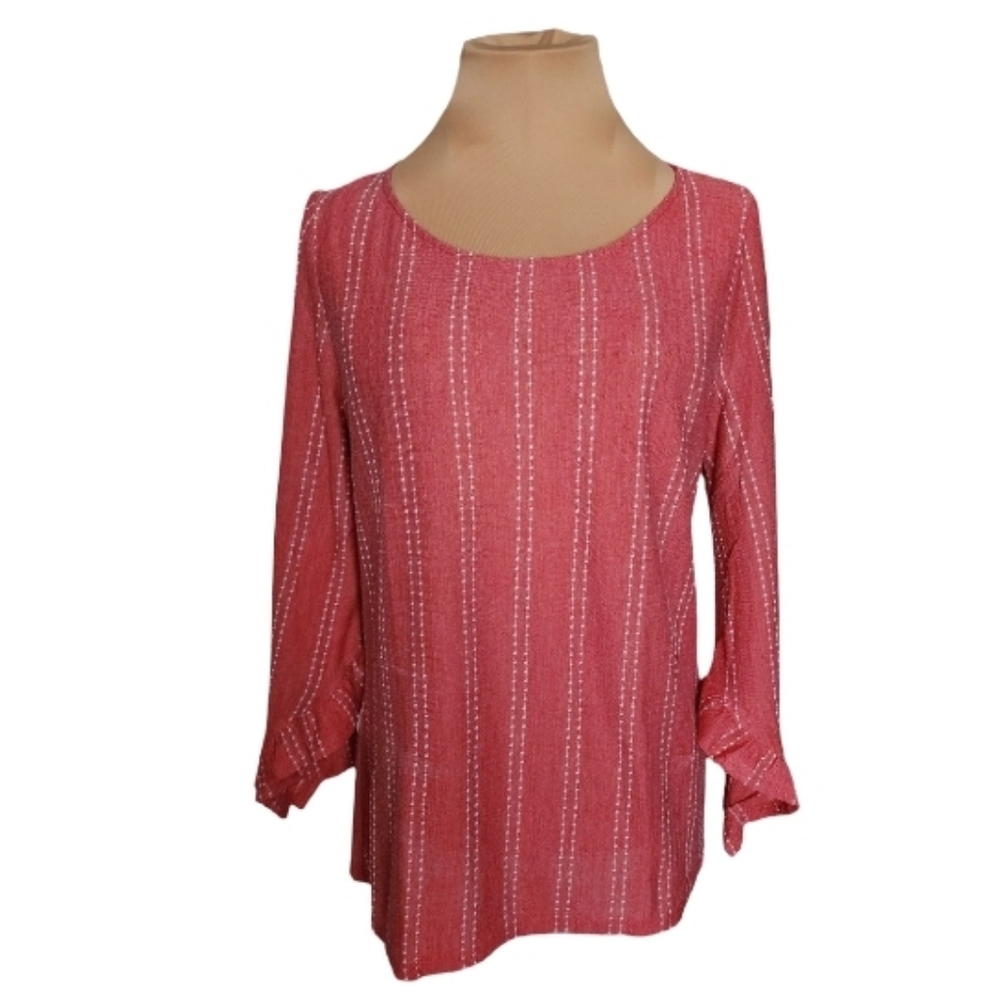 W5 Coral Striped Round Neck Career Office Blouse Women's Medium